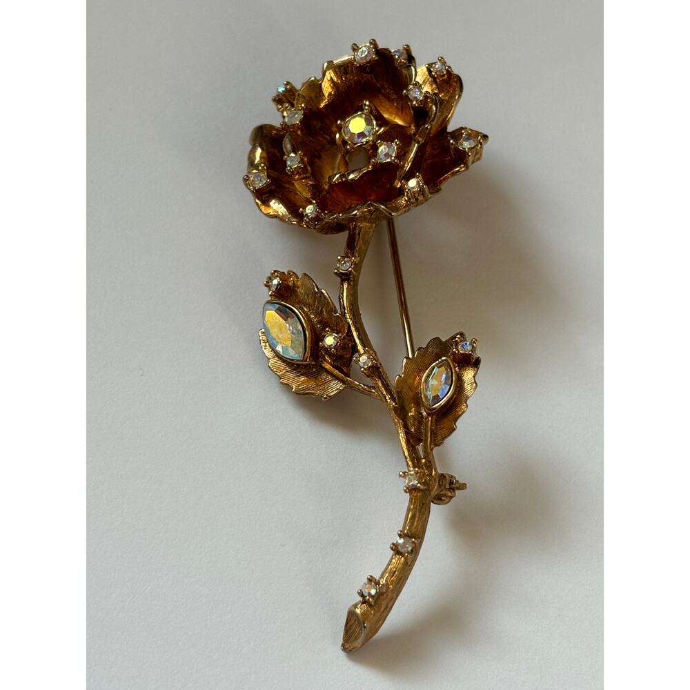 Vintage Graziano Brooch Gold Tone Aurora Borealis Rhinestones Signed